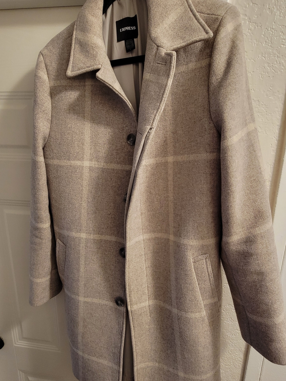 Express Taupe Plaid Wool-Blend Trench Coat